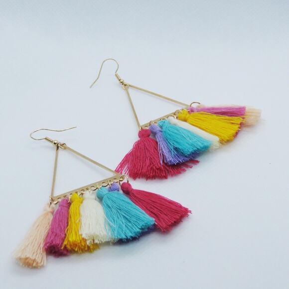 Francesca's Boho Triangle Multicolor Tassel Earrings Festival Rainbow Gold - Picture 2 of 5